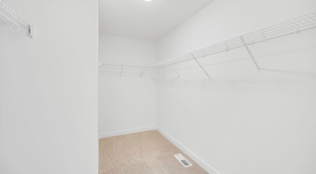 spacious closet with light colored carpet and visible vents