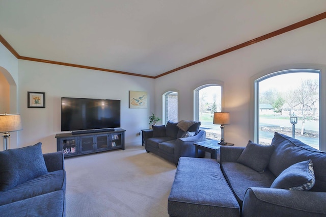 6203 Fairfax Ct, Baxter, MN 56425 - carpeted living room with arched walkways, healthy amount of natural light, and ornamental molding