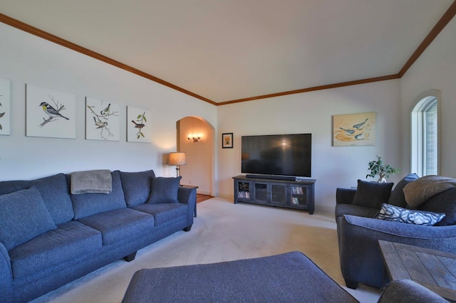 6203 Fairfax Ct, Baxter, MN 56425 - living area featuring arched walkways, crown molding, and carpet
