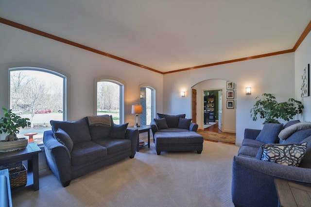 6203 Fairfax Ct, Baxter, MN 56425 - carpeted living area with arched walkways and ornamental molding
