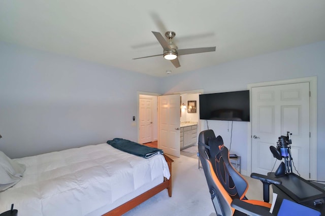6203 Fairfax Ct, Baxter, MN 56425 - bedroom featuring light carpet, connected bathroom, and a ceiling fan