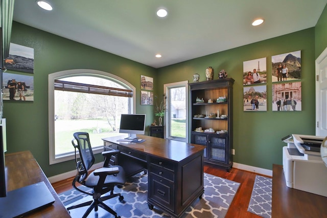 6203 Fairfax Ct, Baxter, MN 56425 - home office with dark wood-type flooring, recessed lighting, and baseboards