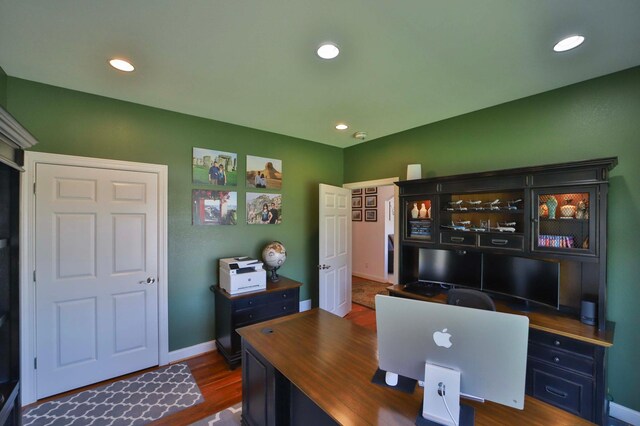 6203 Fairfax Ct, Baxter, MN 56425 - home office with baseboards, dark wood finished floors, and recessed lighting