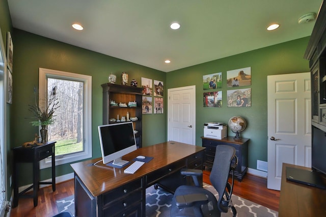 6203 Fairfax Ct, Baxter, MN 56425 - office area with baseboards, dark wood-style flooring, and recessed lighting