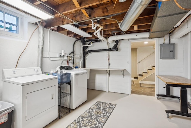 laundry area featuring electric panel and washing machine and clothes dryer