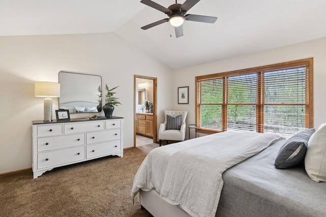 4633 Stonecliffe Dr, Eagan, MN 55122 - bedroom featuring lofted ceiling, carpet flooring, connected bathroom, baseboards, and a ceiling fan