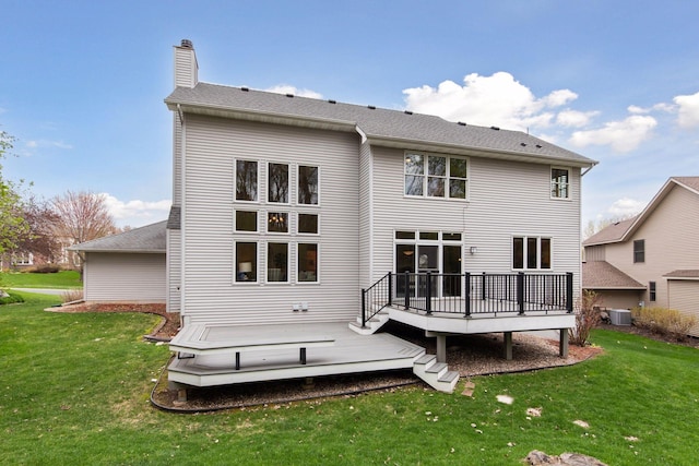 4633 Stonecliffe Dr, Eagan, MN 55122 - rear view of property featuring a wooden deck, a chimney, a lawn, and cooling unit