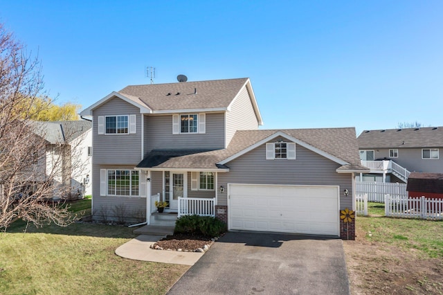 traditional home with a front lawn, aphalt driveway, fence, a shingled roof, and an attached garage