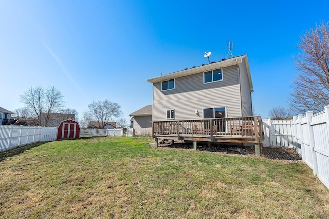 back of property featuring a deck, a fenced backyard, and a shed