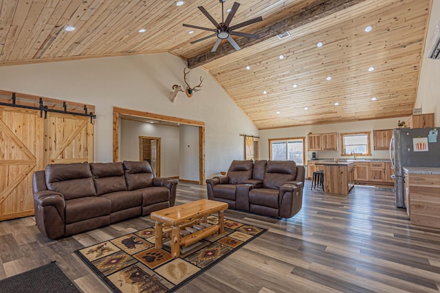 20462 Little Alps Rd NW, Evansville, MN 56326 - living area with wooden ceiling, high vaulted ceiling, a ceiling fan, recessed lighting, and dark wood-style floors