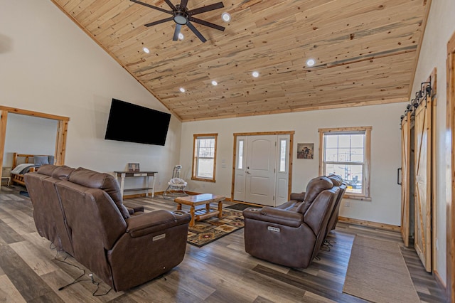 20462 Little Alps Rd NW, Evansville, MN 56326 - living area with high vaulted ceiling, recessed lighting, ceiling fan, wood ceiling, and dark wood-type flooring