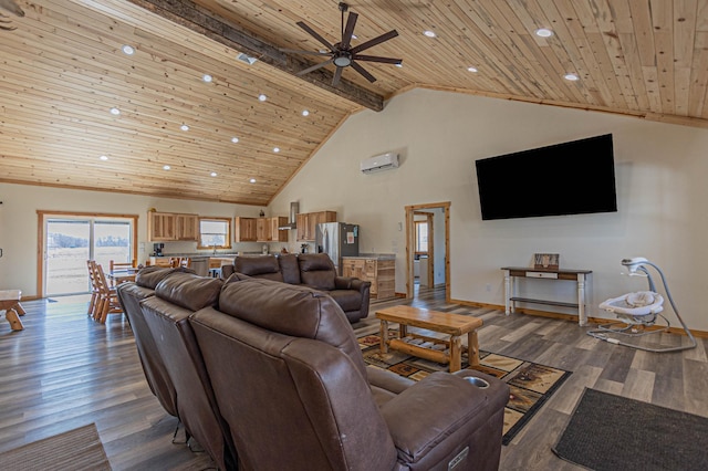 20462 Little Alps Rd NW, Evansville, MN 56326 - living area featuring wooden ceiling, an AC wall unit, ceiling fan, recessed lighting, and wood finished floors