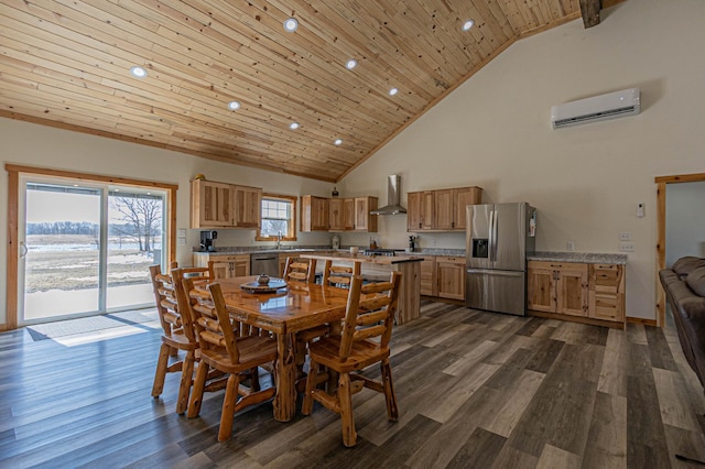 20462 Little Alps Rd NW, Evansville, MN 56326 - dining room featuring a wall mounted AC, high vaulted ceiling, recessed lighting, dark wood finished floors, and wooden ceiling