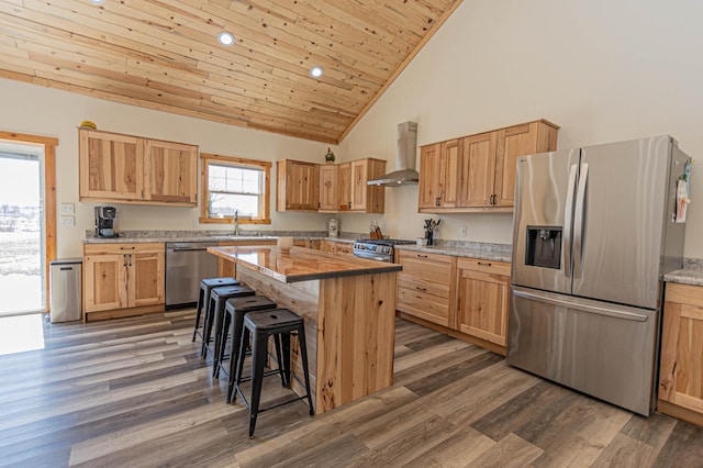 20462 Little Alps Rd NW, Evansville, MN 56326 - kitchen with stainless steel appliances, wall chimney range hood, a breakfast bar, light countertops, and a kitchen island