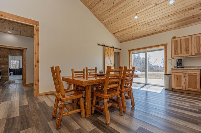 20462 Little Alps Rd NW, Evansville, MN 56326 - dining room featuring a barn door, wood ceiling, dark wood-style flooring, healthy amount of natural light, and high vaulted ceiling