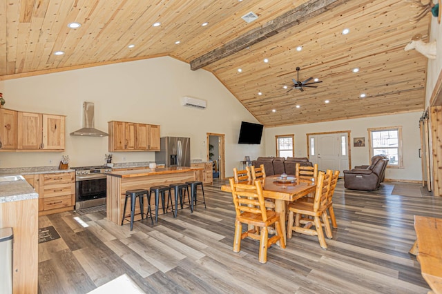 20462 Little Alps Rd NW, Evansville, MN 56326 - dining area with recessed lighting, high vaulted ceiling, wood ceiling, healthy amount of natural light, and light wood-style floors