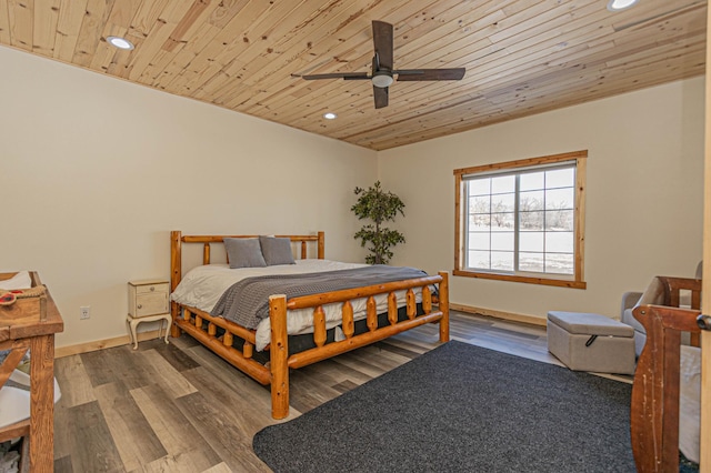 20462 Little Alps Rd NW, Evansville, MN 56326 - bedroom with wood ceiling, recessed lighting, wood finished floors, baseboards, and ceiling fan