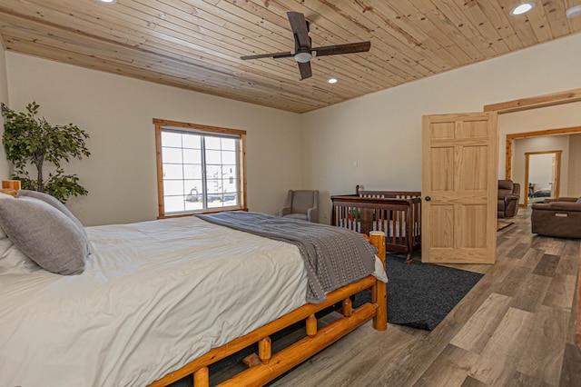 20462 Little Alps Rd NW, Evansville, MN 56326 - bedroom featuring wood ceiling, recessed lighting, wood finished floors, and ceiling fan