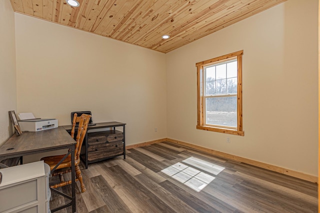 20462 Little Alps Rd NW, Evansville, MN 56326 - office area featuring wood ceiling, recessed lighting, dark wood-type flooring, and baseboards