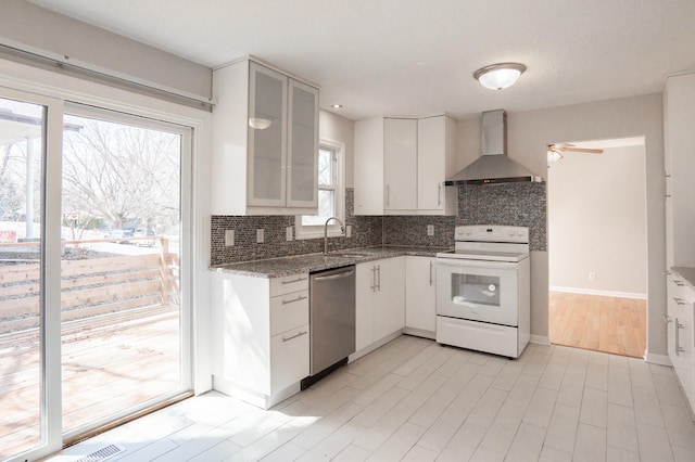 13100 Thomas Ave S, Burnsville, MN 55337 - kitchen with white range with electric stovetop, dishwasher, wall chimney range hood, and backsplash