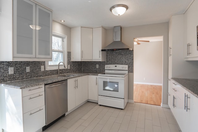 13100 Thomas Ave S, Burnsville, MN 55337 - kitchen featuring white electric range oven, wall chimney range hood, dishwasher, and backsplash