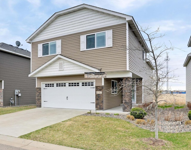 view of front of property featuring a front lawn, driveway, stone siding, and a garage