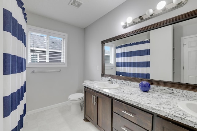 full bathroom featuring visible vents, a wealth of natural light, double vanity, and a sink