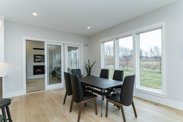 3251 Century Ridge Pl NE, Rochester, MN 55906 - dining area featuring light wood-style flooring, plenty of natural light, baseboards, recessed lighting, and a warm lit fireplace