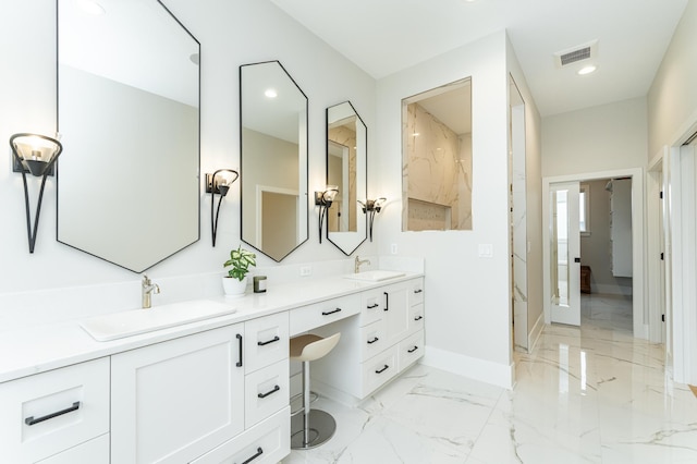3251 Century Ridge Pl NE, Rochester, MN 55906 - full bathroom featuring double vanity, baseboards, marble finish flooring, and recessed lighting