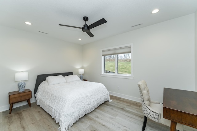3251 Century Ridge Pl NE, Rochester, MN 55906 - bedroom with light wood-type flooring, baseboards, recessed lighting, and a ceiling fan