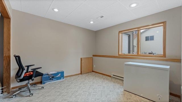 interior space with visible vents, baseboards, light colored carpet, recessed lighting, and a baseboard radiator