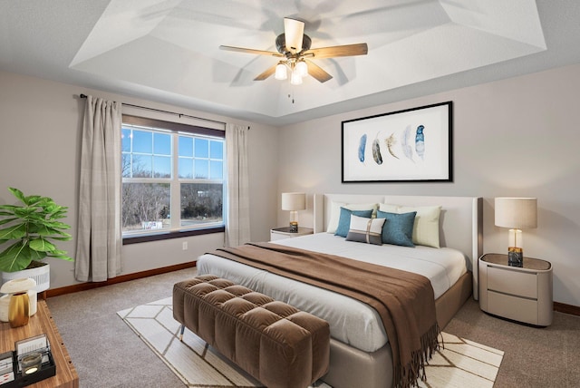 27290 Petes Hill Trl, Elko New Market, MN 55020 - bedroom featuring a tray ceiling, baseboards, a ceiling fan, and carpet floors