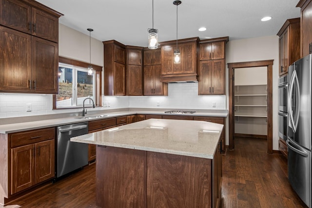 27290 Petes Hill Trl, Elko New Market, MN 55020 - kitchen with appliances with stainless steel finishes, dark wood-style flooring, a sink, and backsplash