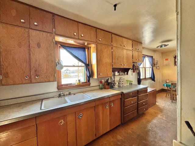 43091 Co Highway 75, Wadena, MN 56482 - kitchen featuring a sink, brown cabinets, concrete floors, and light countertops