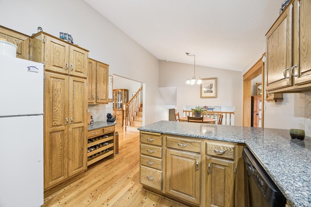 5475 Oakgreen Pl N, Oak Park Heights, MN 55082 - kitchen with freestanding refrigerator, lofted ceiling, a peninsula, light wood-type flooring, and a chandelier