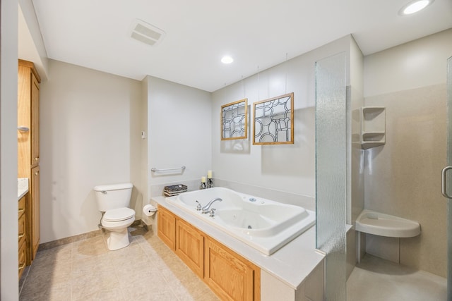 5475 Oakgreen Pl N, Oak Park Heights, MN 55082 - bathroom featuring a stall shower, vanity, a jetted tub, tile patterned flooring, and recessed lighting