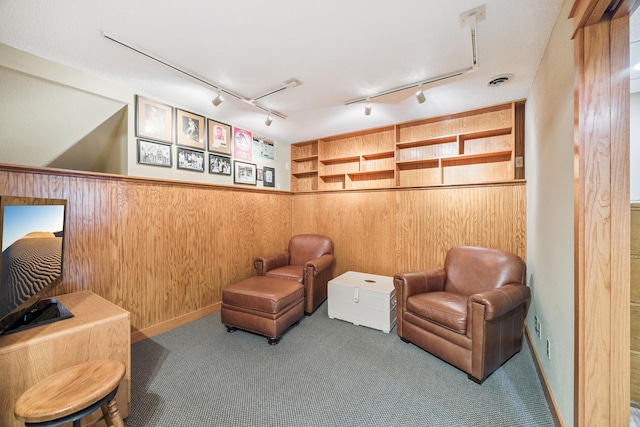 5475 Oakgreen Pl N, Oak Park Heights, MN 55082 - living area featuring wooden walls, carpet floors, and rail lighting