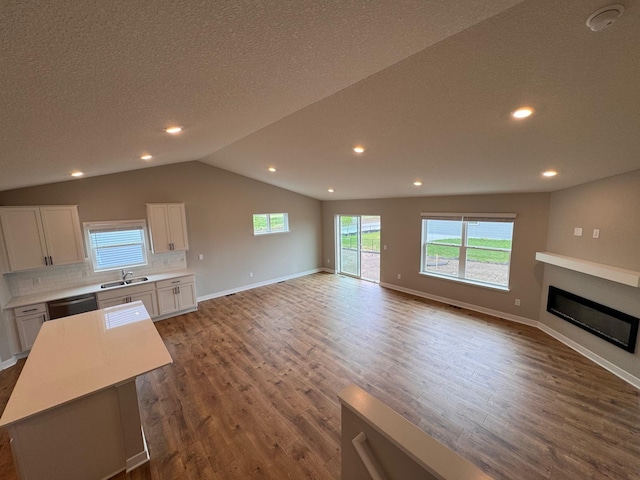 9829 89th St S, Cottage Grove, MN 55016 - unfurnished living room featuring dark wood-type flooring, lofted ceiling, a glass covered fireplace, a sink, and baseboards
