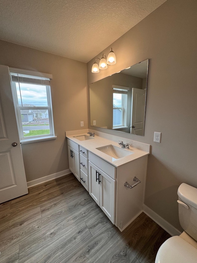 9829 89th St S, Cottage Grove, MN 55016 - bathroom featuring toilet, wood finished floors, a textured ceiling, double vanity, and baseboards