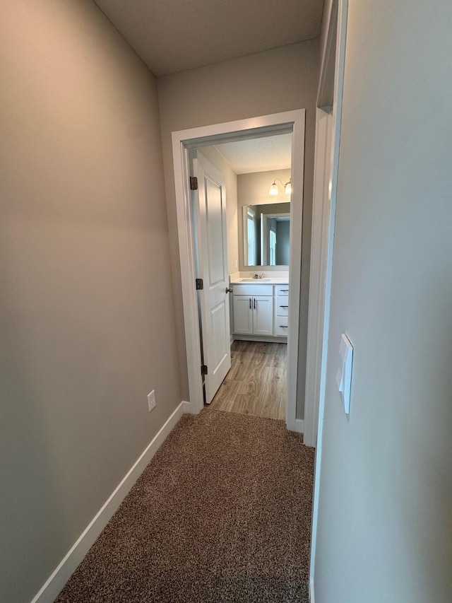9829 89th St S, Cottage Grove, MN 55016 - corridor with a sink, baseboards, and light carpet