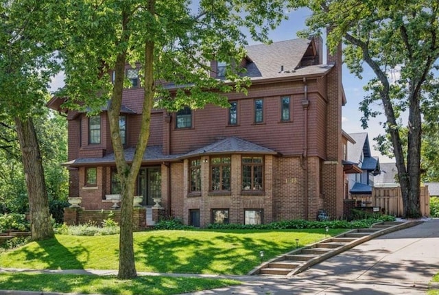 view of front of home with brick siding, a chimney, and a front lawn
