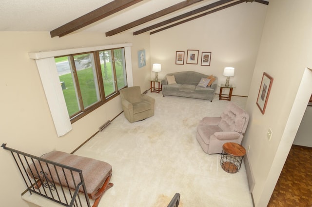 9805 Jackson St NE, Blaine, MN 55434 - living area featuring beamed ceiling and carpet