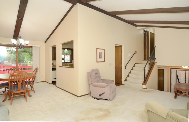 9805 Jackson St NE, Blaine, MN 55434 - living room featuring a chandelier, light colored carpet, stairway, and baseboards