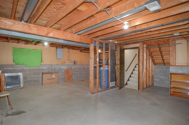 9805 Jackson St NE, Blaine, MN 55434 - unfinished below grade area with electric panel, stairs, and concrete block wall
