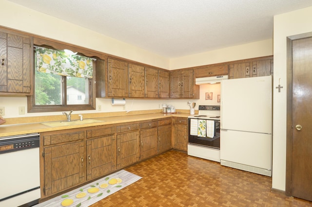 9805 Jackson St NE, Blaine, MN 55434 - kitchen with white appliances, under cabinet range hood, a sink, light countertops, and brown cabinetry