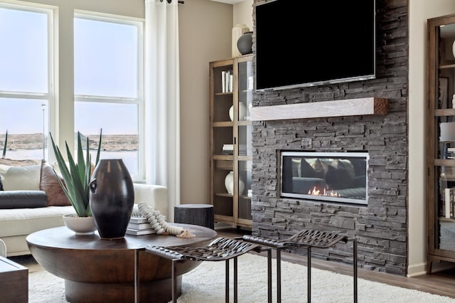living area featuring wood finished floors and a stone fireplace