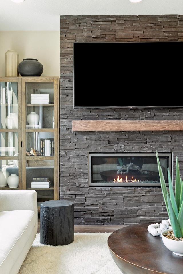 living area with a stone fireplace