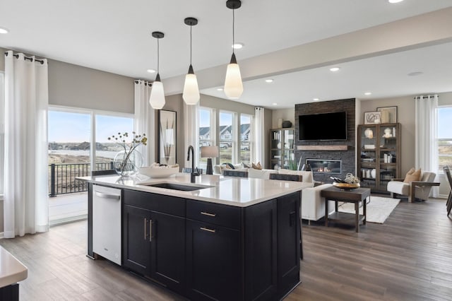 kitchen with a sink, stainless steel dishwasher, dark cabinetry, a large fireplace, and light countertops