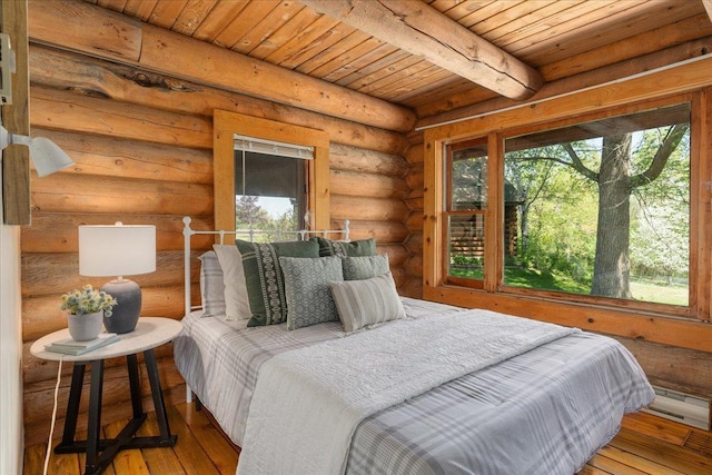 1100 155th St, Garfield Twp, WI 54001 - bedroom featuring wood ceiling, multiple windows, beamed ceiling, hardwood / wood-style floors, and rustic walls