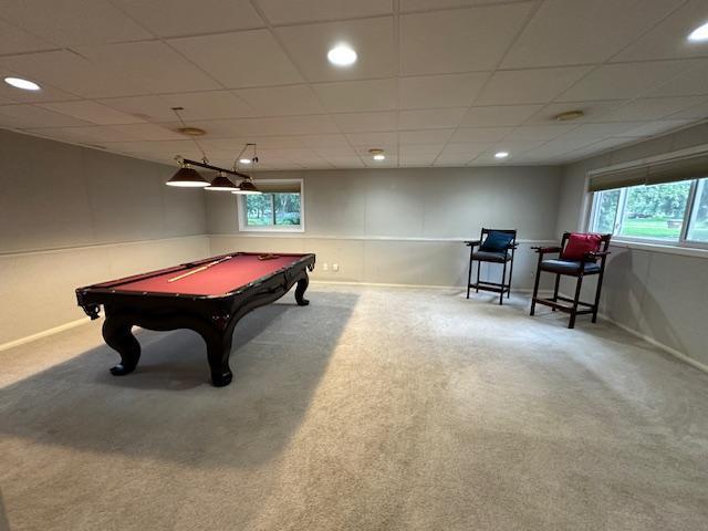 11620 Oregon Ave N, Champlin, MN 55316 - recreation room featuring carpet floors, billiards, plenty of natural light, recessed lighting, and a paneled ceiling
